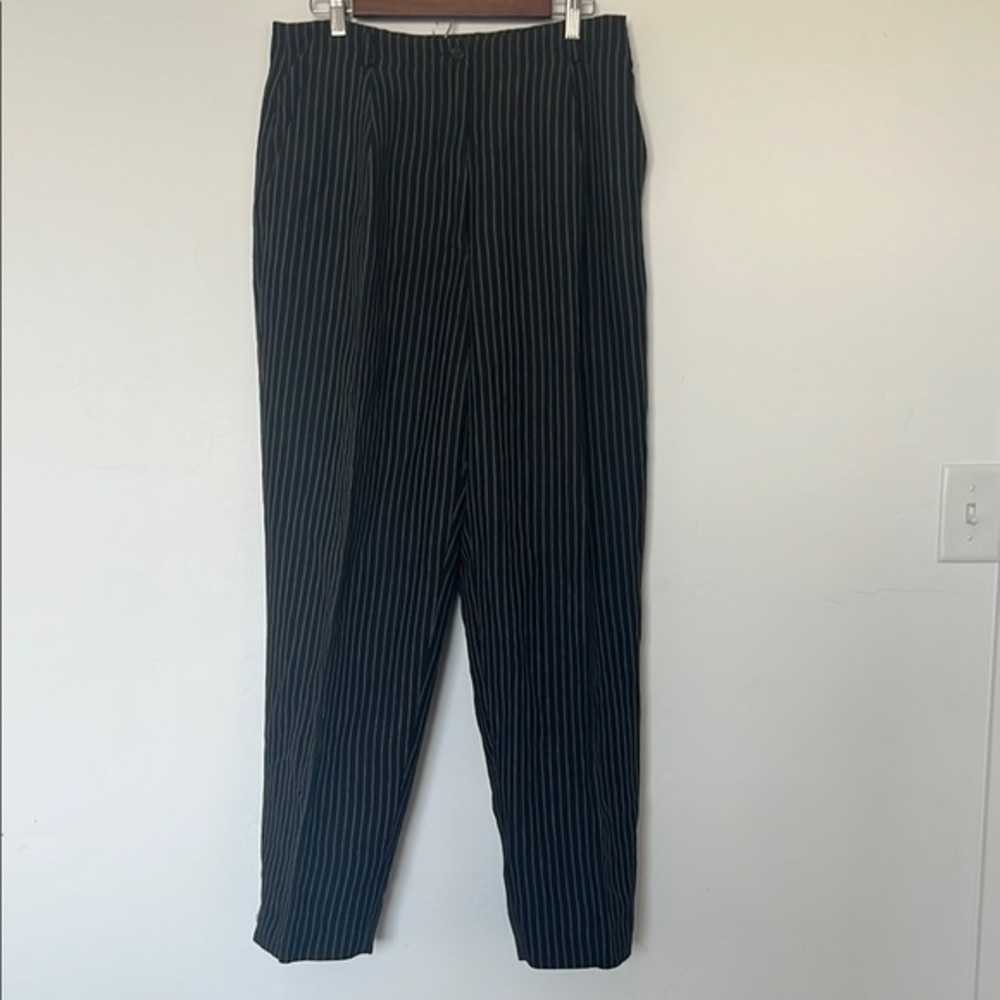 Eddie Bauer AKA Classic Trousers Black White Pinstripe Linen Dress Pants Size 14